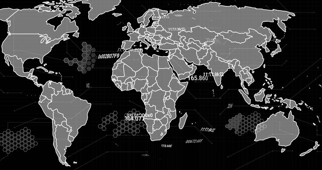 Global Digital Data Processing with World Map Over Black Background