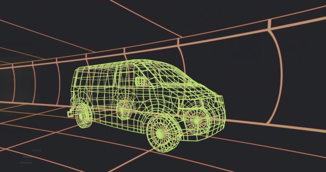 Neon Wireframe Van in Futuristic Grid Tunnel 3D CAD Mesh Concept for Transportation Tech