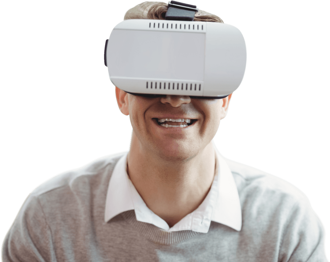 Smiling Man Wearing Transparent VR Glasses Enjoying Technology