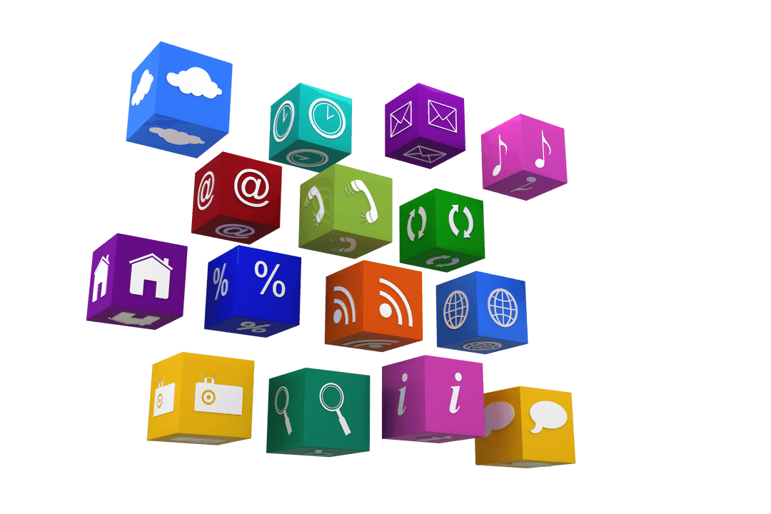 Colorful 3D Digital Icons on Transparent Background for Technology Design