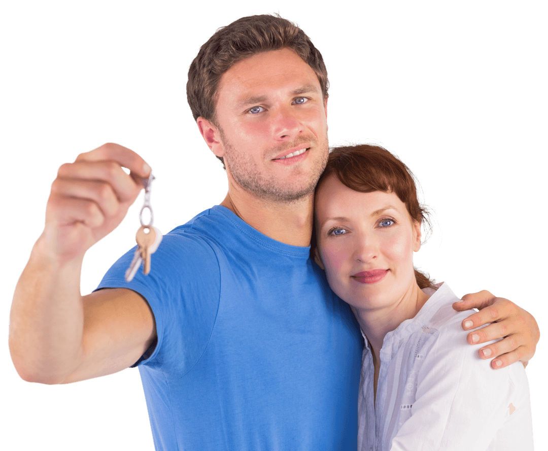 Happy Couple Holding Keys Symbolizing New Home Ownership Transparent