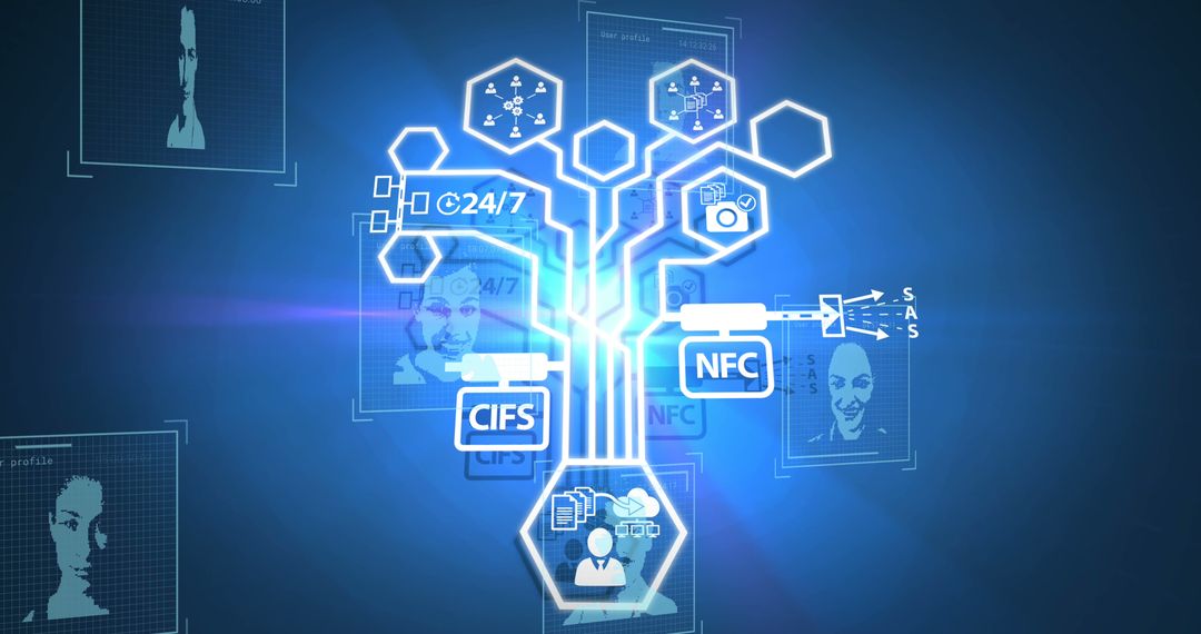 Digital Network Tree with Interface Icons and Blue Background