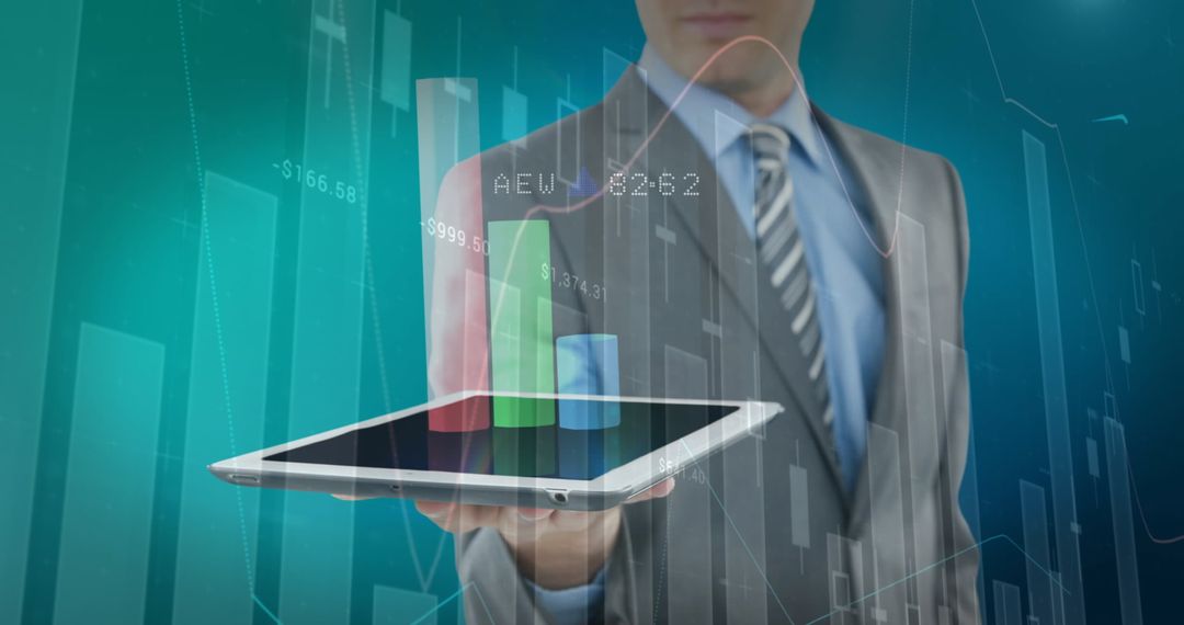 Businessman Holding Tablet with Data Visualization Concept