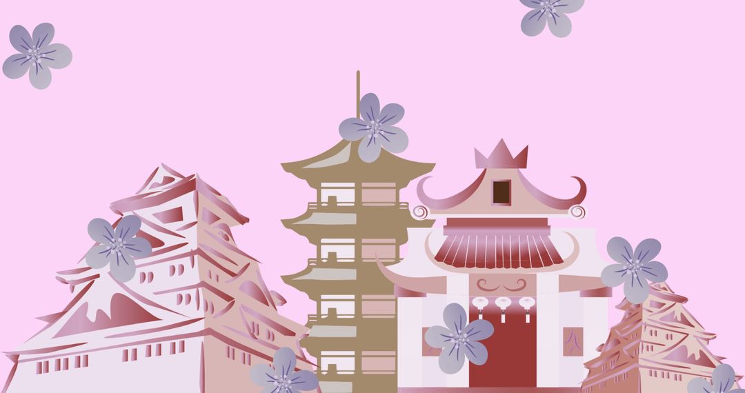 Japanese Buildings with Falling Sakura Theme on Pink Background