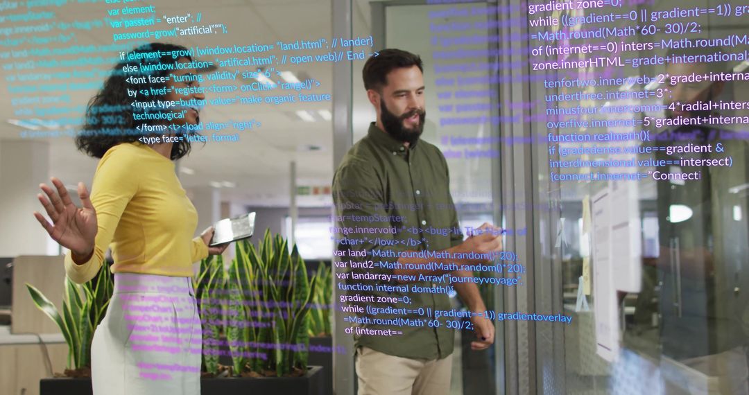 Software Engineers Collaborating on Glass Screen with Code Display