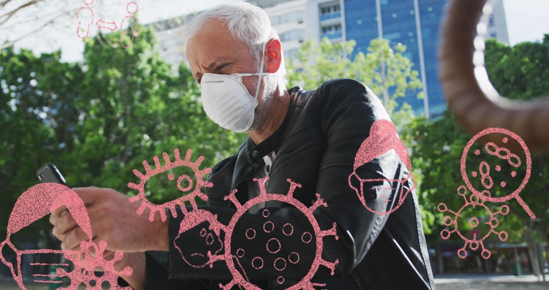 Senior Man in Mask with Overlay of Virus Icons Amid Pandemic