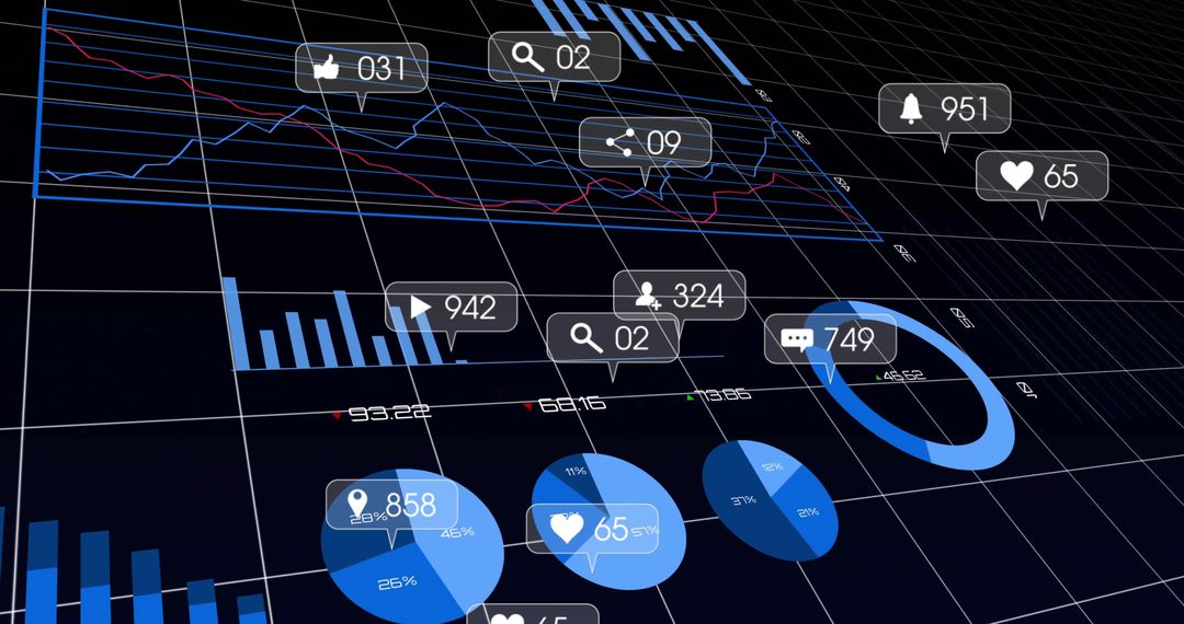 3D Virtual Data Dashboard with Financial Metrics and Social Icons