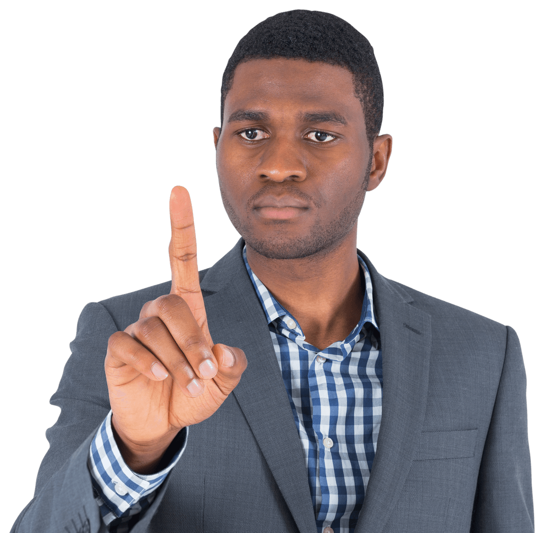 African American Businessman Interacting with Virtual Interface Transparent