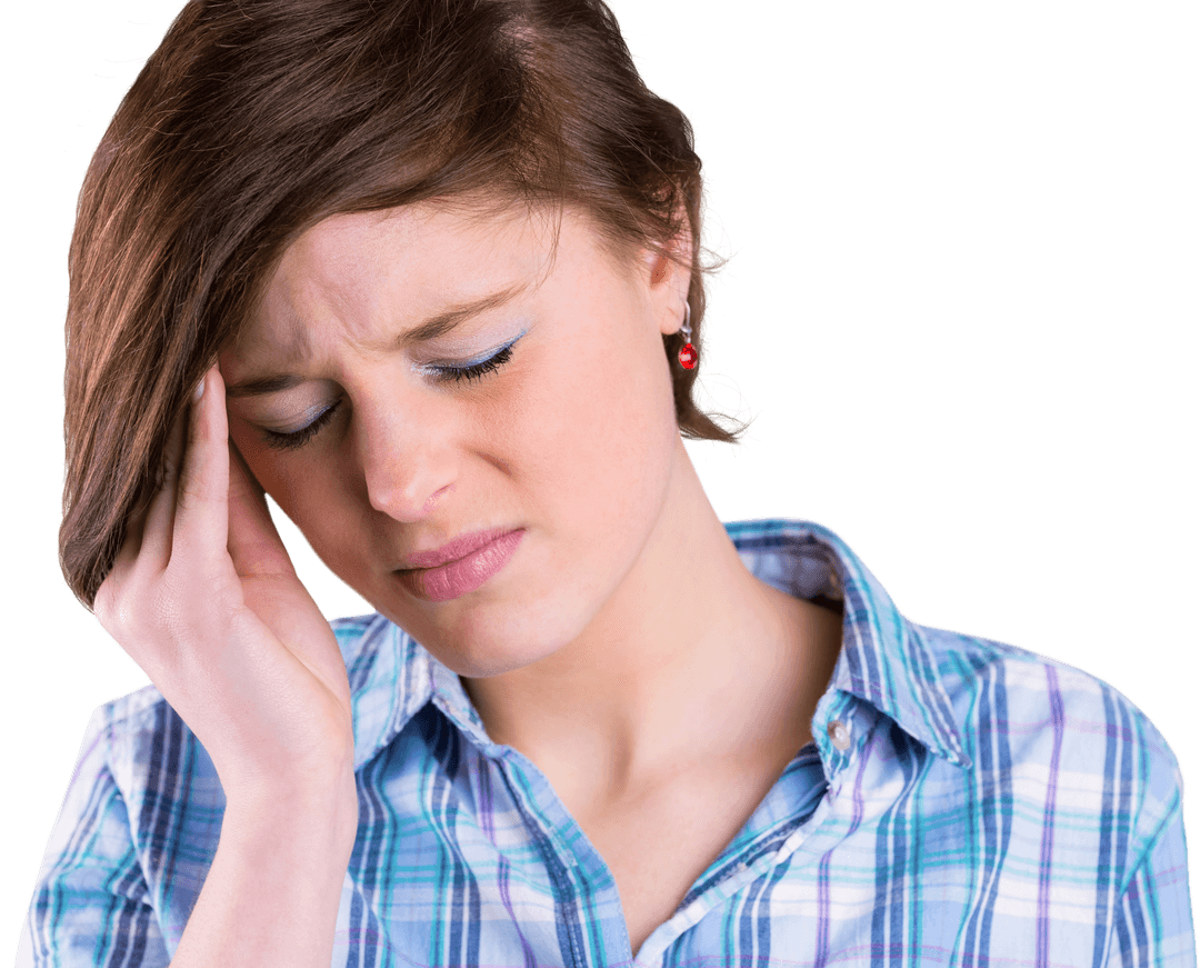 Young Woman Experiencing Headache with Transparent Background