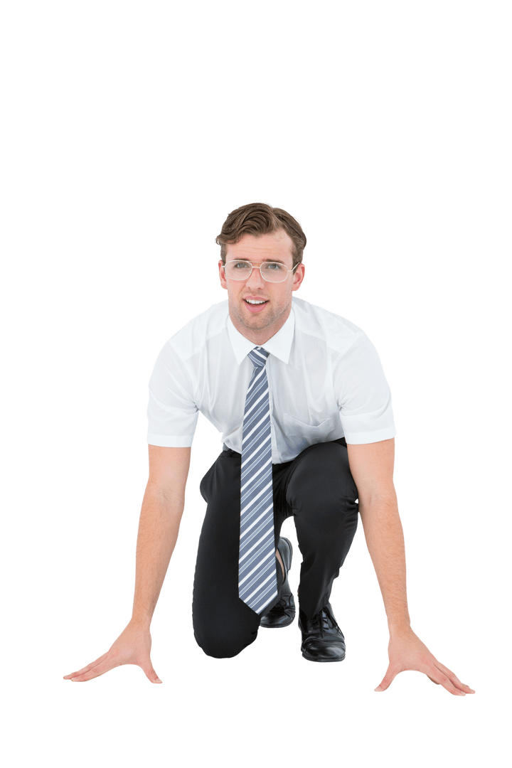 Transparent Businessman Ready to Start Race on White Background