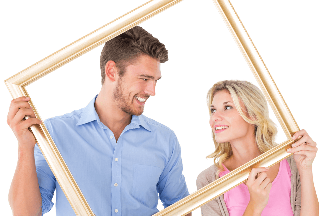 Charming Young Couple Holding Transparent Picture Frame Smiling