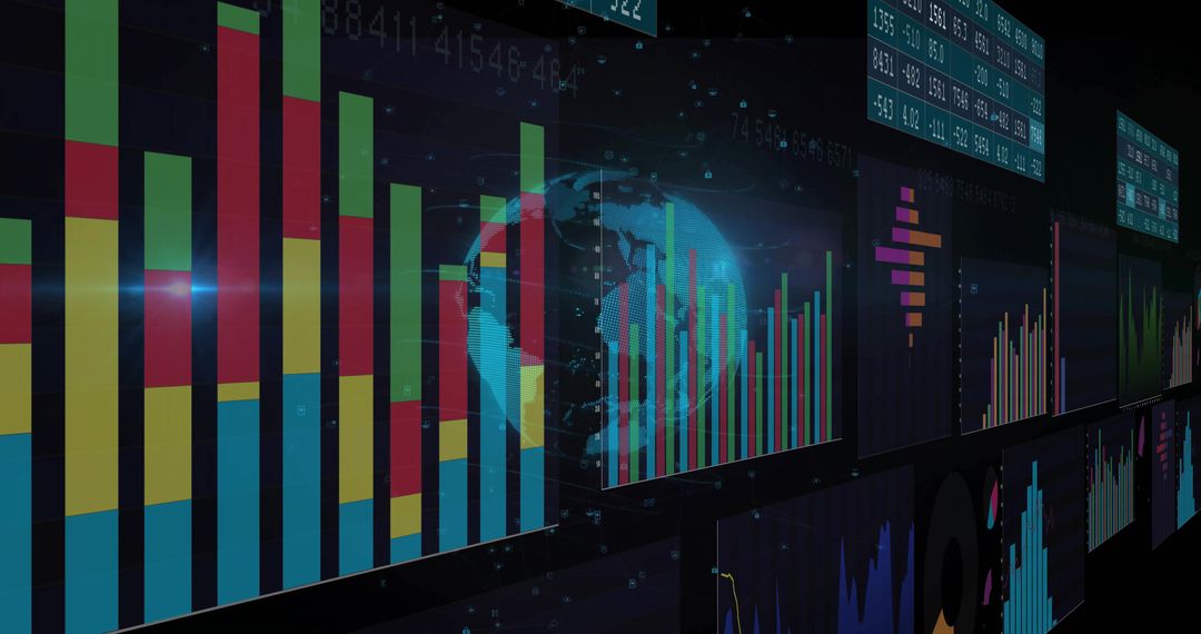 Holographic Globe with Stacked Bar Charts on Digital Analytics Dashboard for Finance