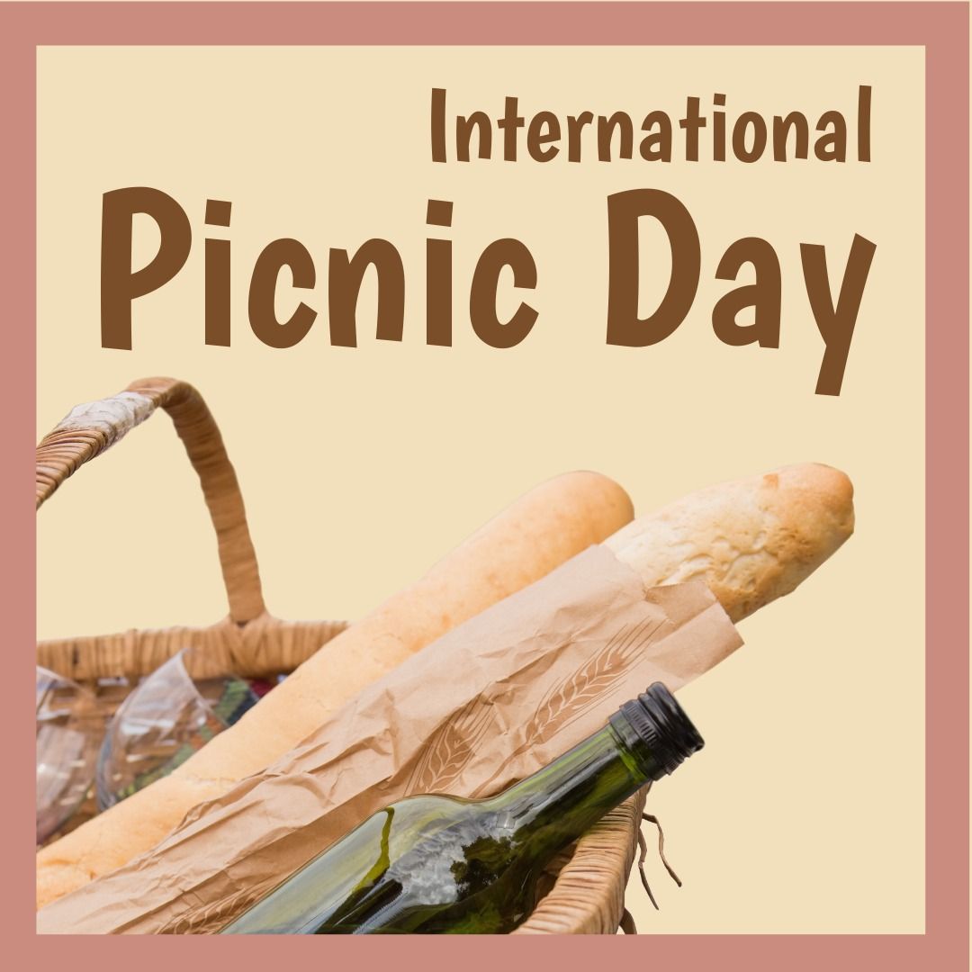 International picnic day text on bread loafs and wine bottle in basket against colored background - Download Free Stock Templates Pikwizard.com