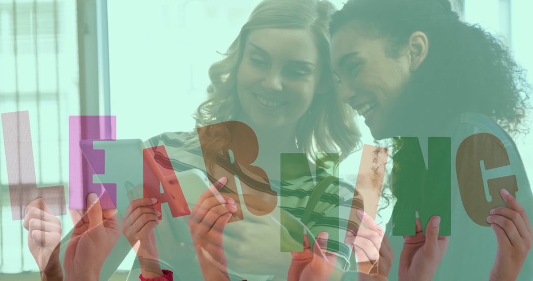 Smiling Colleagues Collaborating with Educational Letter Cards