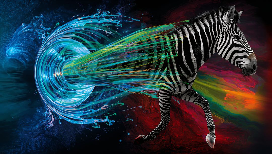 Galloping zebra transforming stripes into multicolor energy vortex with cosmic light trails