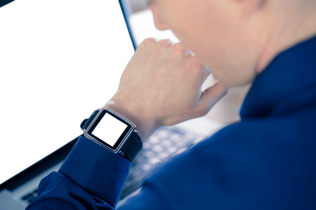 Businessman Interacting with Transparent Smart Watch in Office