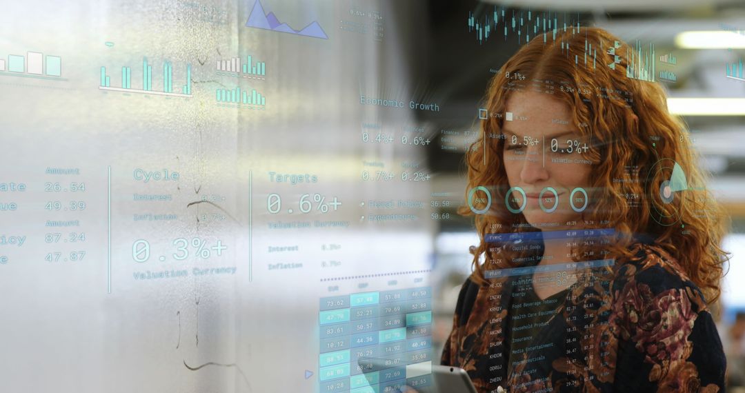 Businesswoman Analyzing Financial Data with Holographic Charts