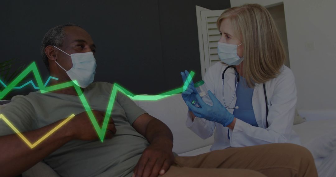 Home clinician explaining vaccination to patient with ECG overlay and PPE