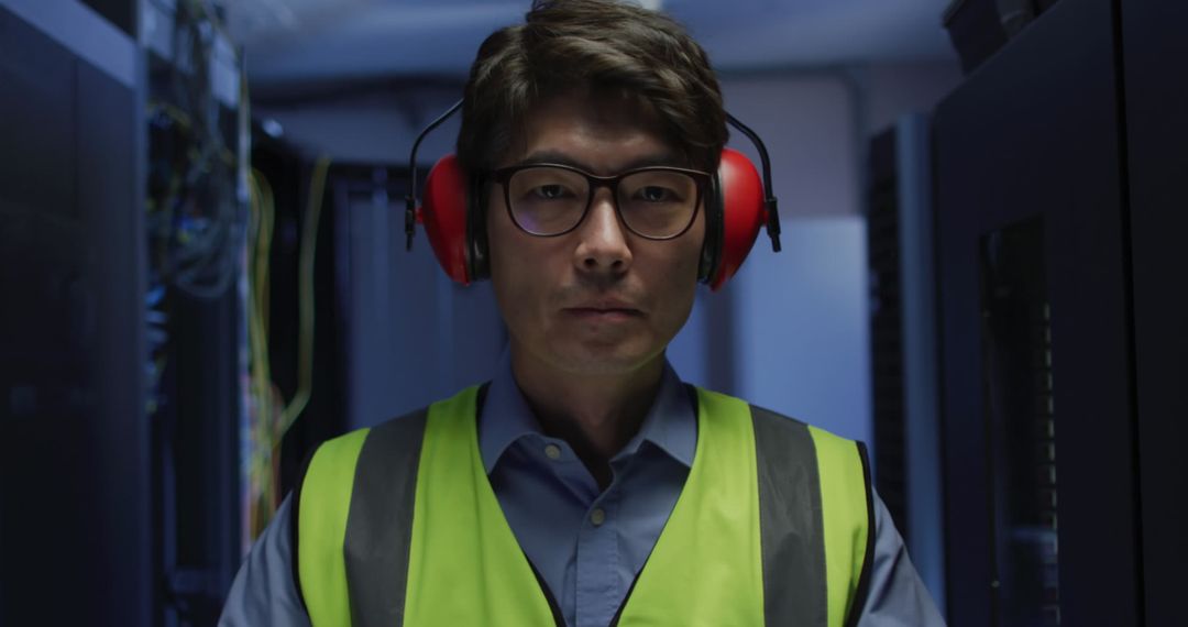 Engineer in Data Center with Noise Protection Headgear