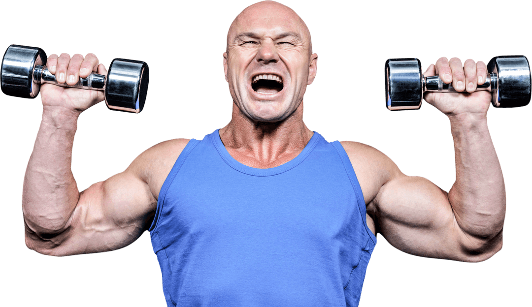 Aggressive Bald Man Lifting Dumbbells Transparent Background