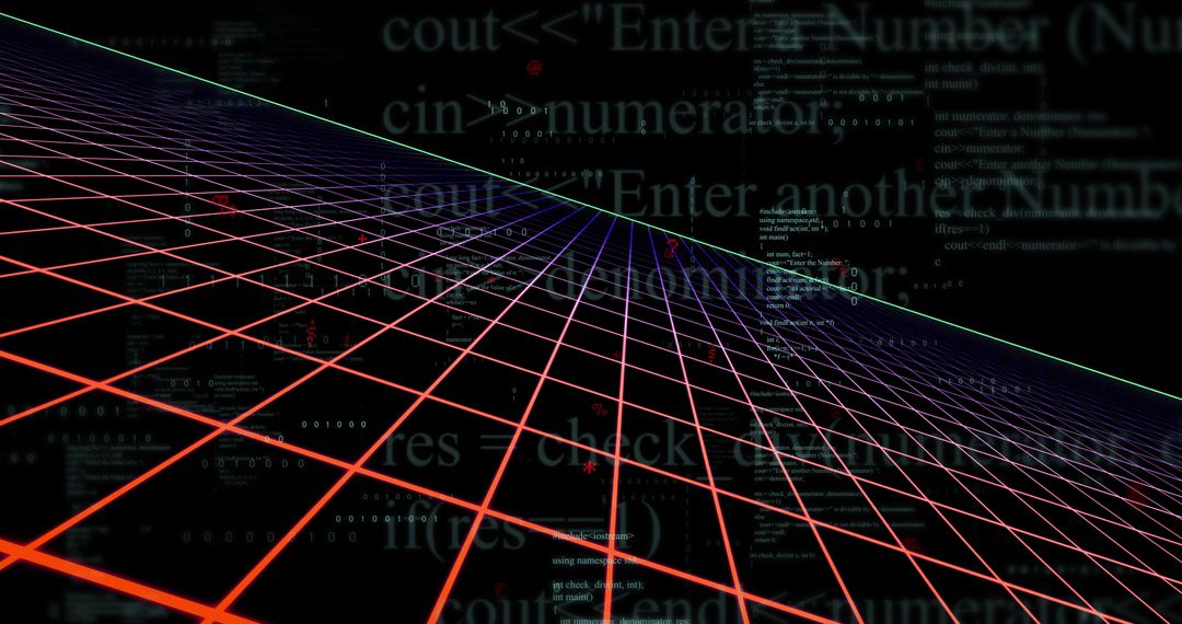 Neon Wireframe Grid Receding into Cyber Void with Holographic Code, Glow and Vanishing Point