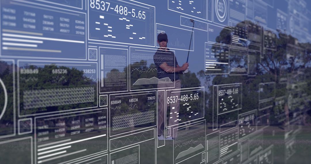 Golfer Teeing Off Enhanced with Digital Performance Analytics