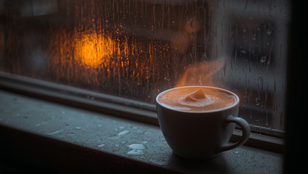 Steaming Latte on Wet Windowsill with Warm Orange Bokeh and Rainy Glass