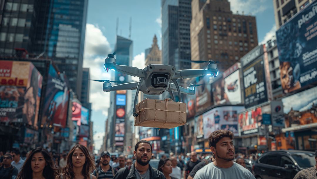 Hovering Drone Delivering Parcel Over Crowded Urban Intersection With Billboard Background
