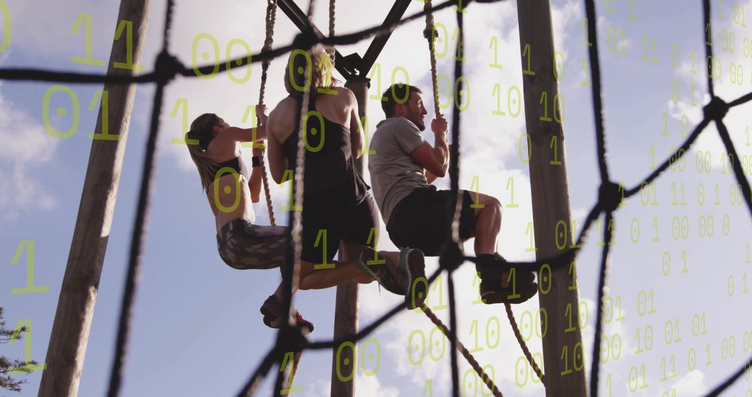 Three Friends Conquering High Rope Adventure Course Outdoors