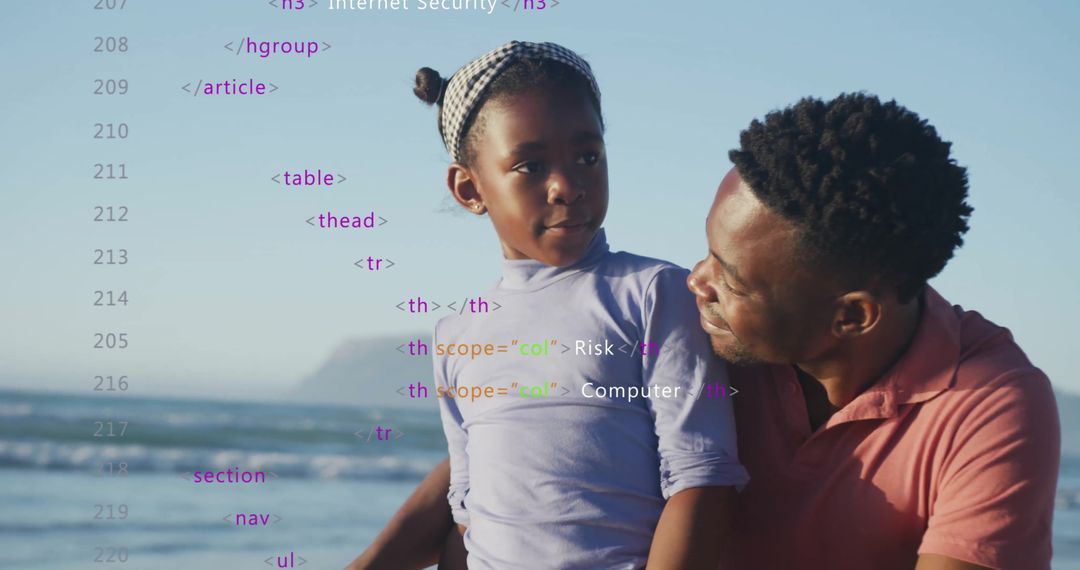 Father and Daughter at Beach with Digital Data Display