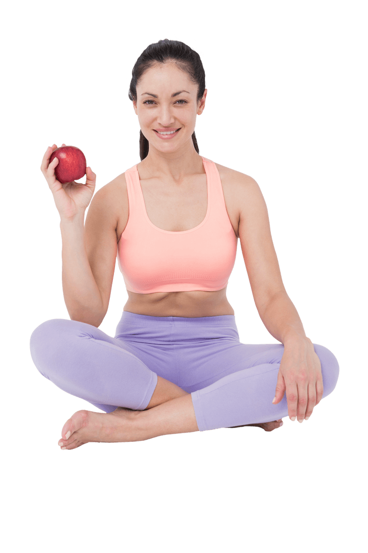Transparent Fit Woman Holding Apple Sitting Cross-Legged