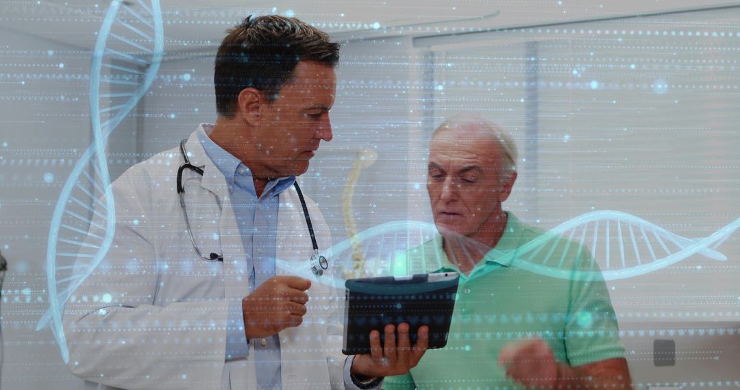 Doctor Consulting Senior Patient Using Tablet with DNA Data Overlay for Personalized Medicine