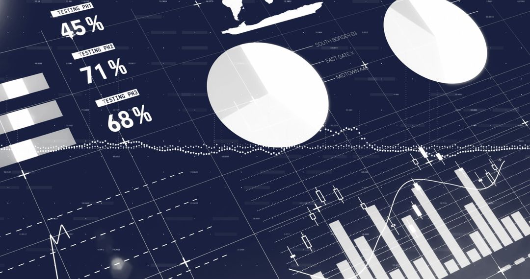 Data Analysis Dashboard with Graphs and Charts on Blue Background