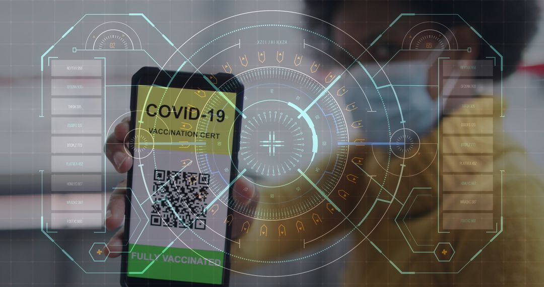 Digital Health Pass with Interface and African American Woman in Mask