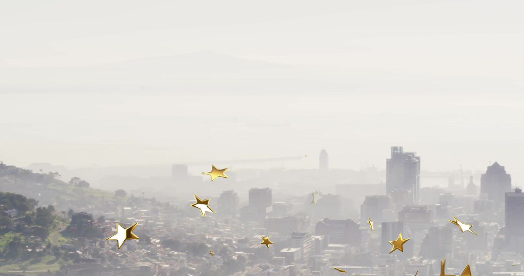 Misty Cityscape with Golden Star Overlays Adding Magical Charm
