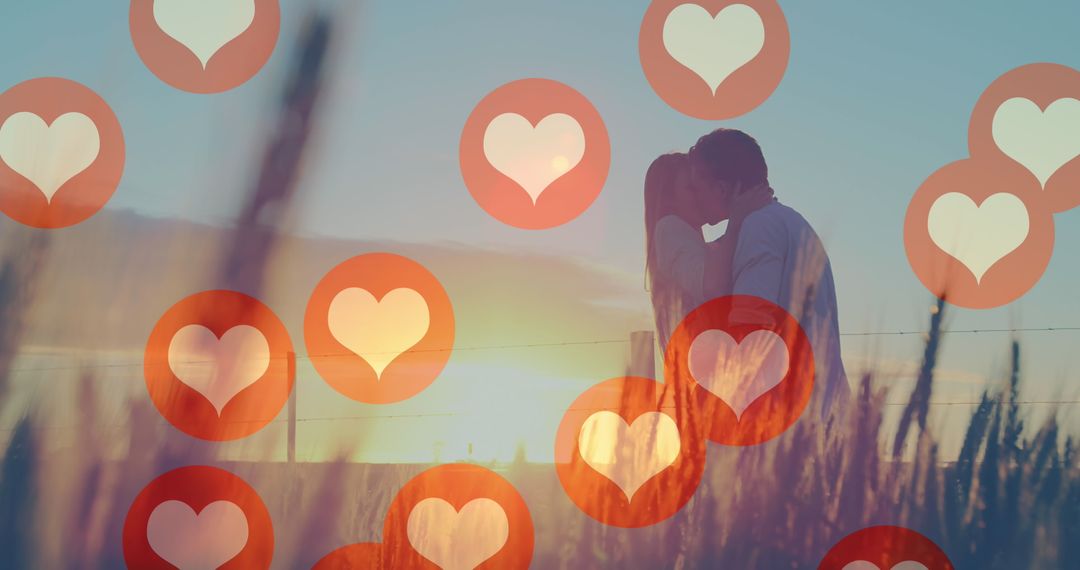Romantic Outdoor Kiss at Sunset with Heart Symbols