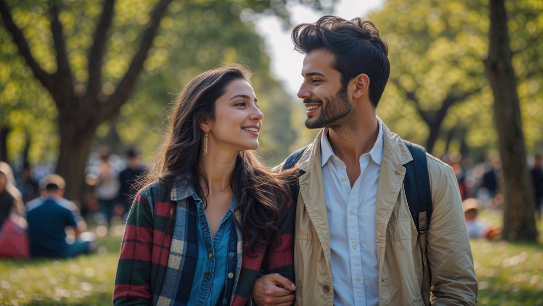 Happy lovers strolling in scenic park enjoying leisurely walk