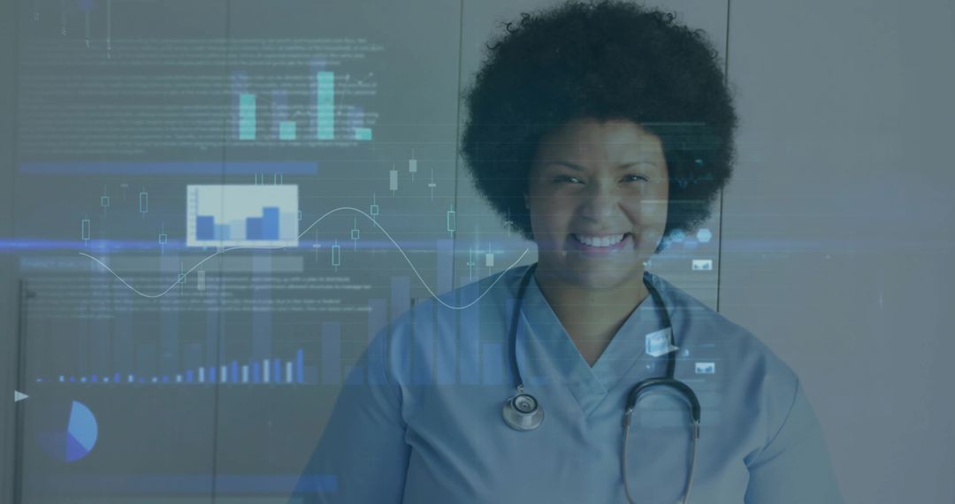 Smiling Nurse Behind Digital Medical Interface in Modern Clinic