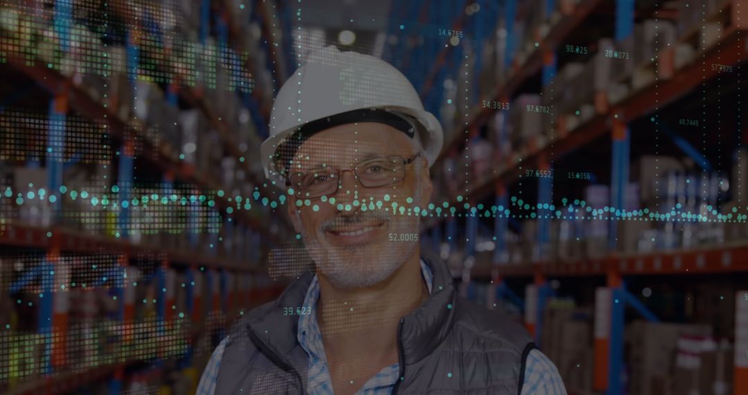 Smiling Senior Warehouse Worker with Digital Financial Graphs