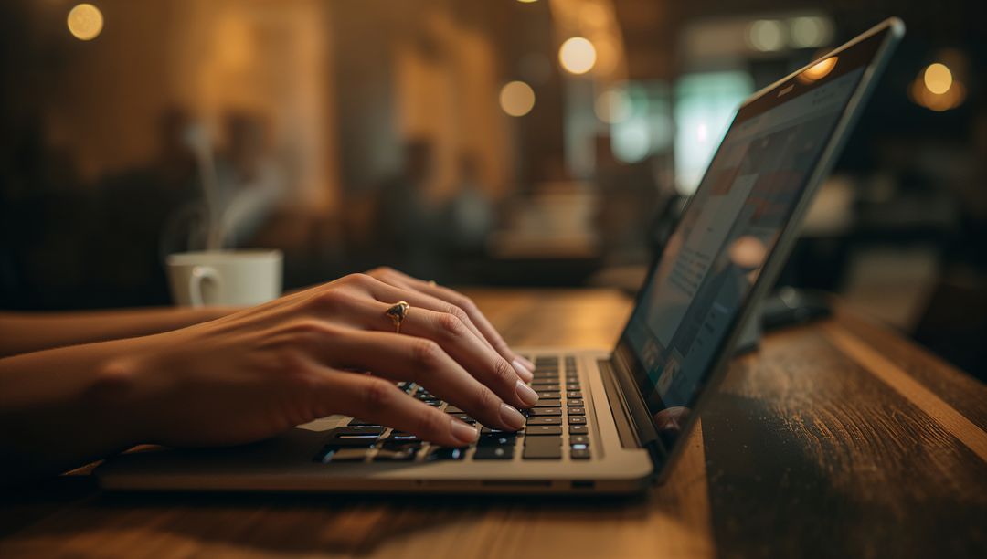 Focused Professional Typing on Laptop in Modern Cafe