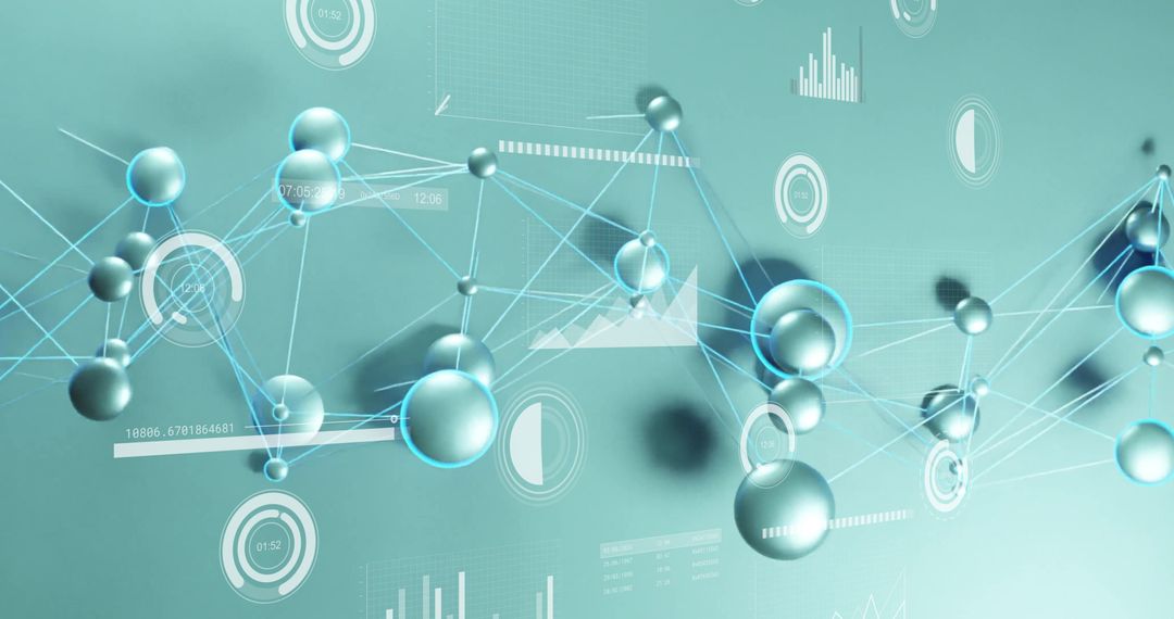 Futuristic Network with Metallic Spheres and Data Visualization