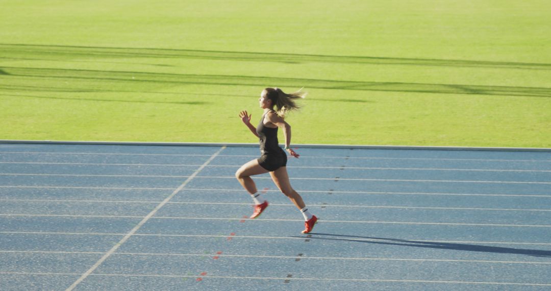 Female Athlete Sprinting on Blue Track - Free Images, Stock Photos and Pictures on Pikwizard.com