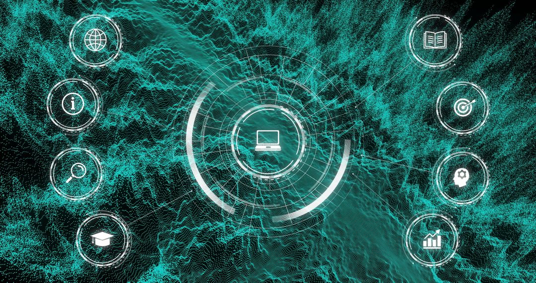 Digital Connectivity Interface with Futuristic Icons Over Waves