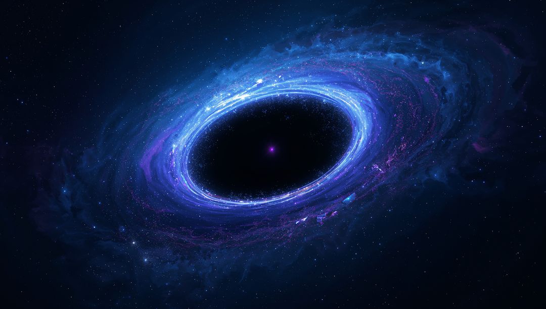 Glowing Accretion Disk Encircling Dark Void of Galactic Black Hole Amid Indigo Nebula