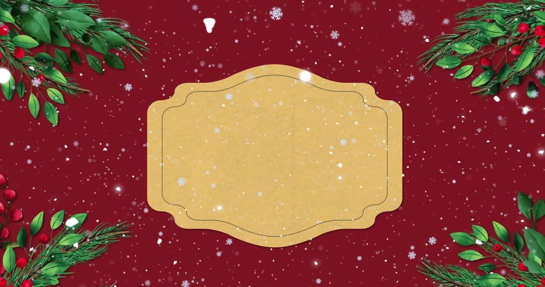 Christmas Sign with Snowflakes and Festive Decorations on Red Background