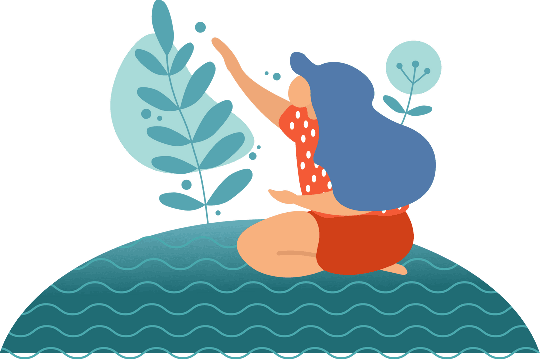 Woman Reaching Leaves in Botanical Transparent Illustration