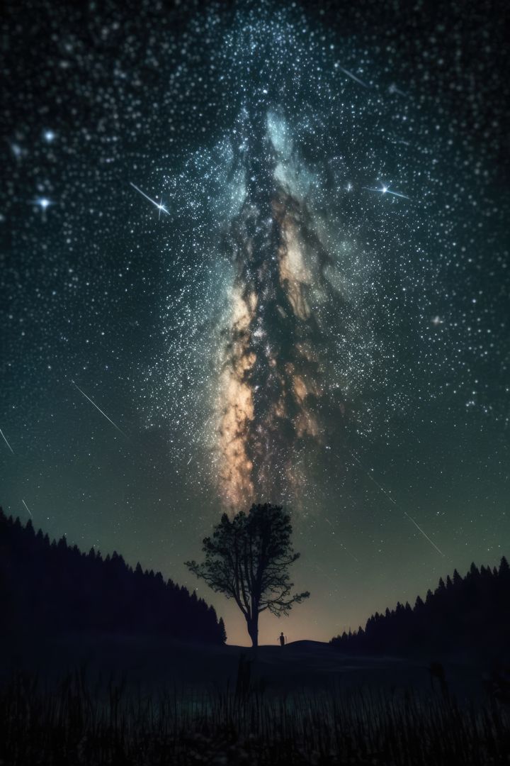 Lone Tree Illuminated by Milky Way Under Star-Studded Night Sky - Free Images, Stock Photos and Pictures on Pikwizard.com