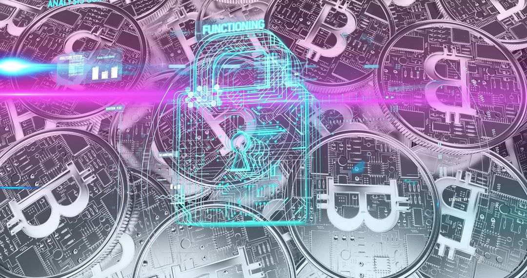 Digital Security Padlock on Silver Bitcoins with Futuristic Glow