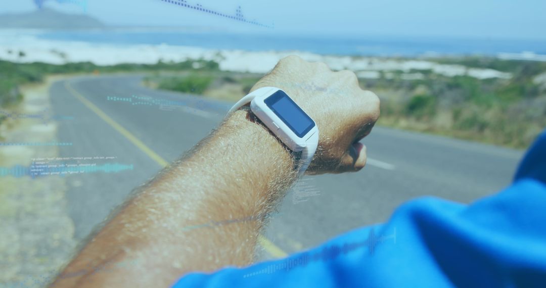Man Using Smartwatch by a Road with Futuristic Data Overlay