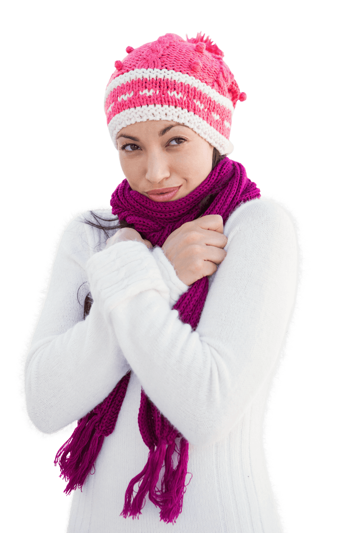 Smiling Woman in Winter Outfit on Transparent Background